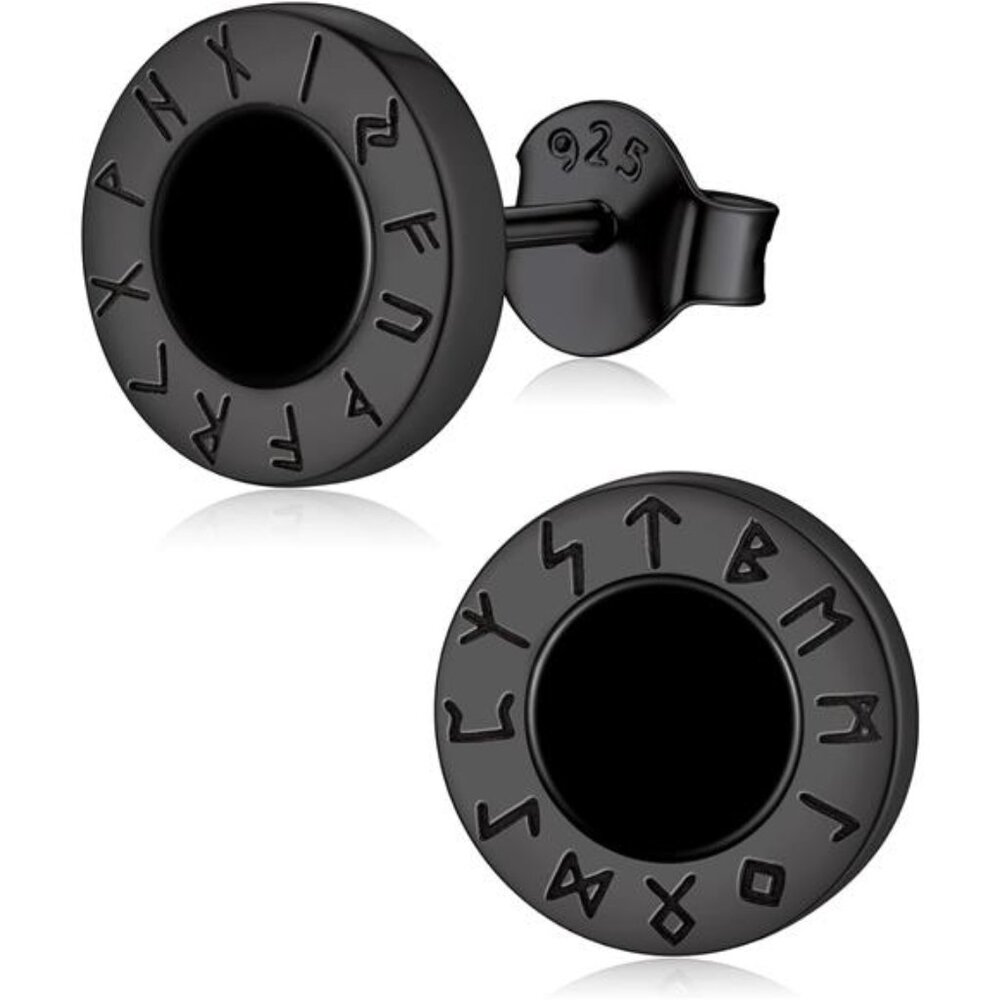 925 Sterling Silver Viking Rune Natural Black Onyx Stud Earrings For Women Men